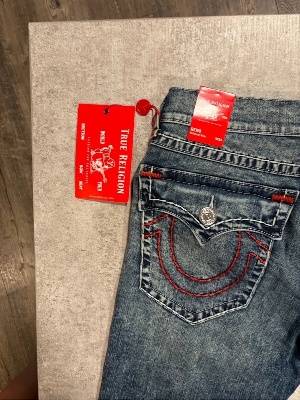 True Religion Men's Blue Denim Jeans with Red Stitch Accents
